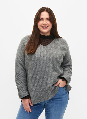 Knit sweater with slit, Light Grey Melange, Model image number 0