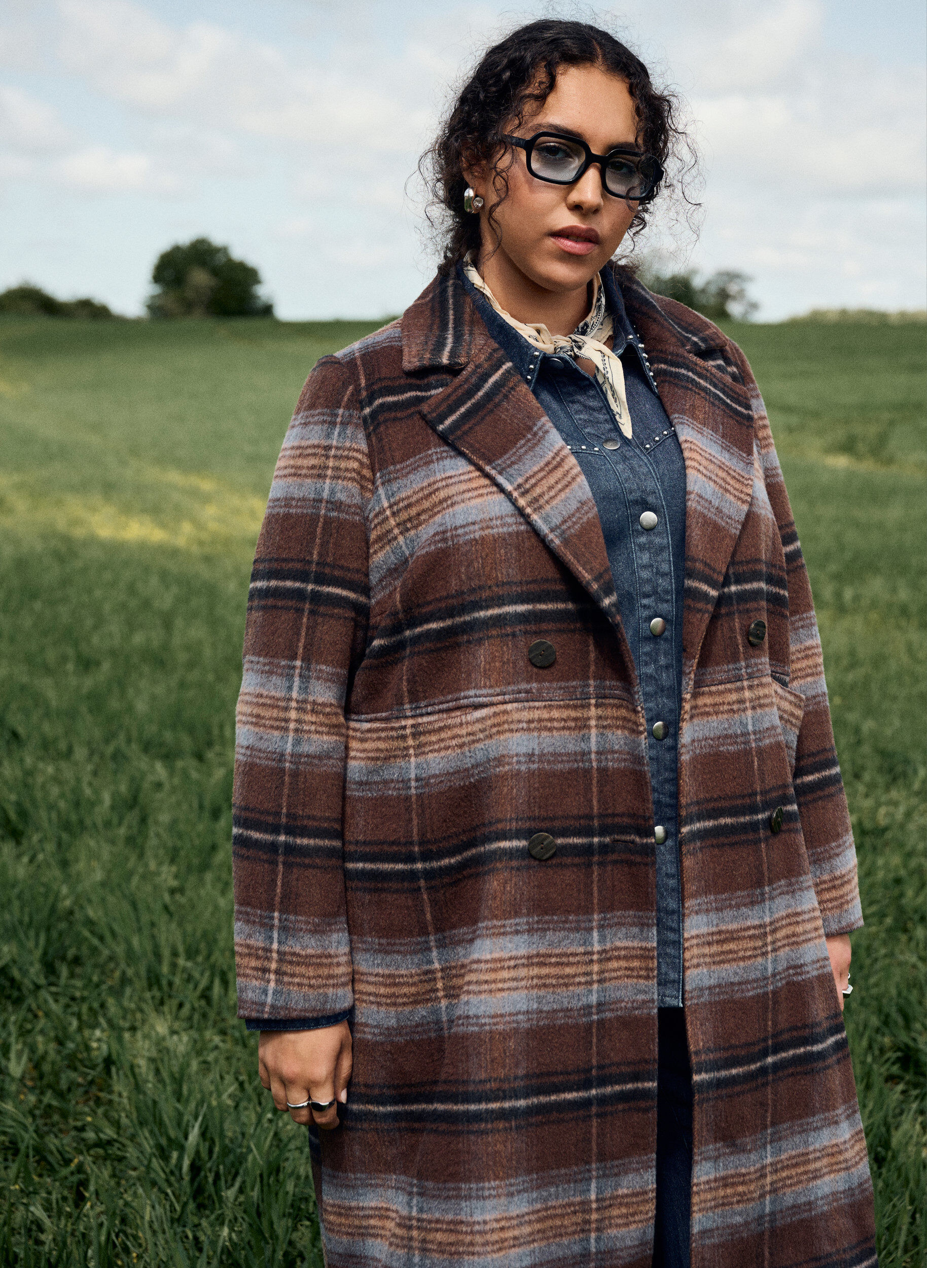 Zizzifashion Brushed checked coat, Brown, Image image number 0