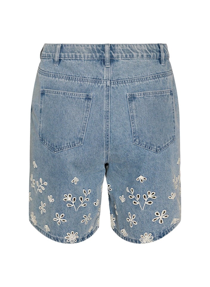 Denim shorts with broderie anglaise and high waist, Light Blue, Packshot image number 1