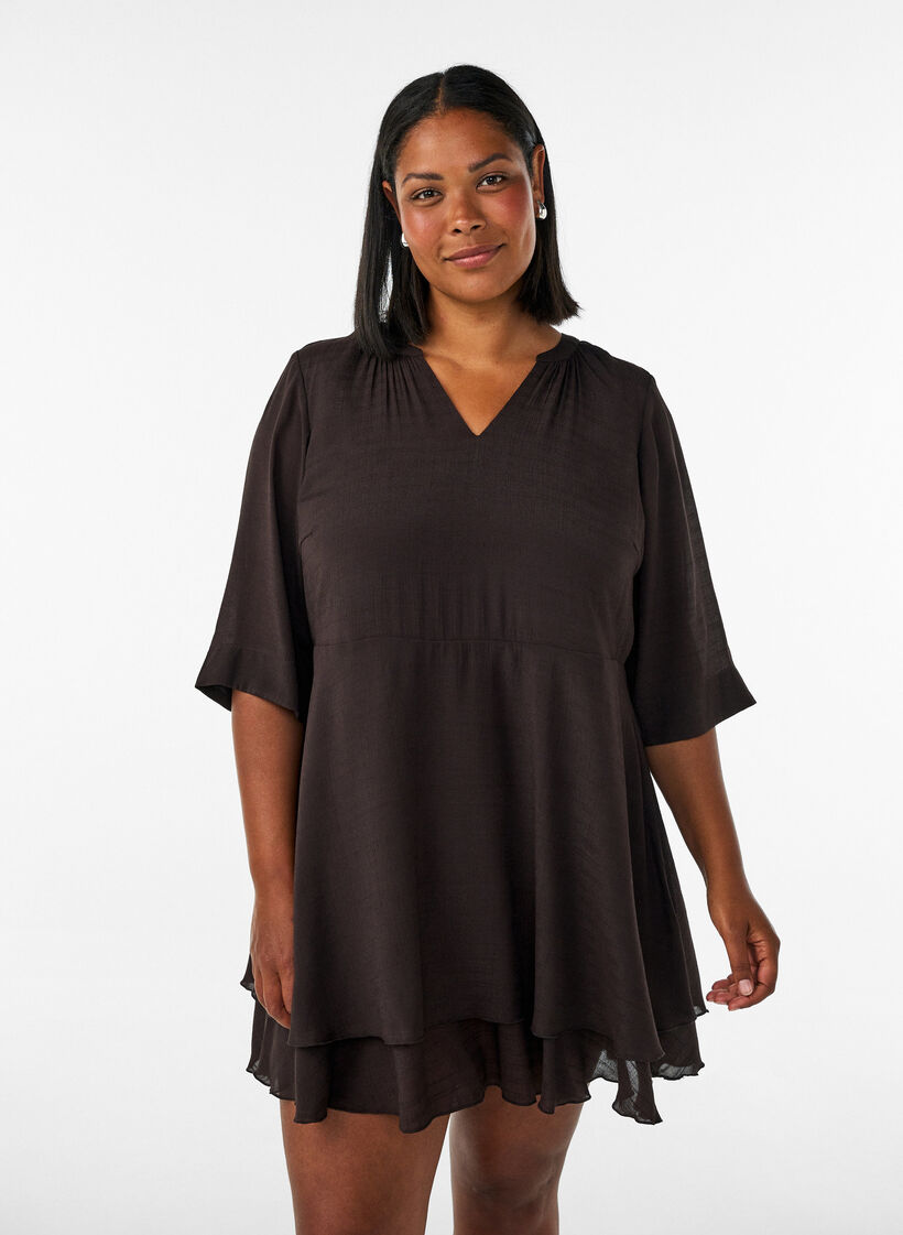 A-line dress with layered ruffles, Brown, Model image number 0
