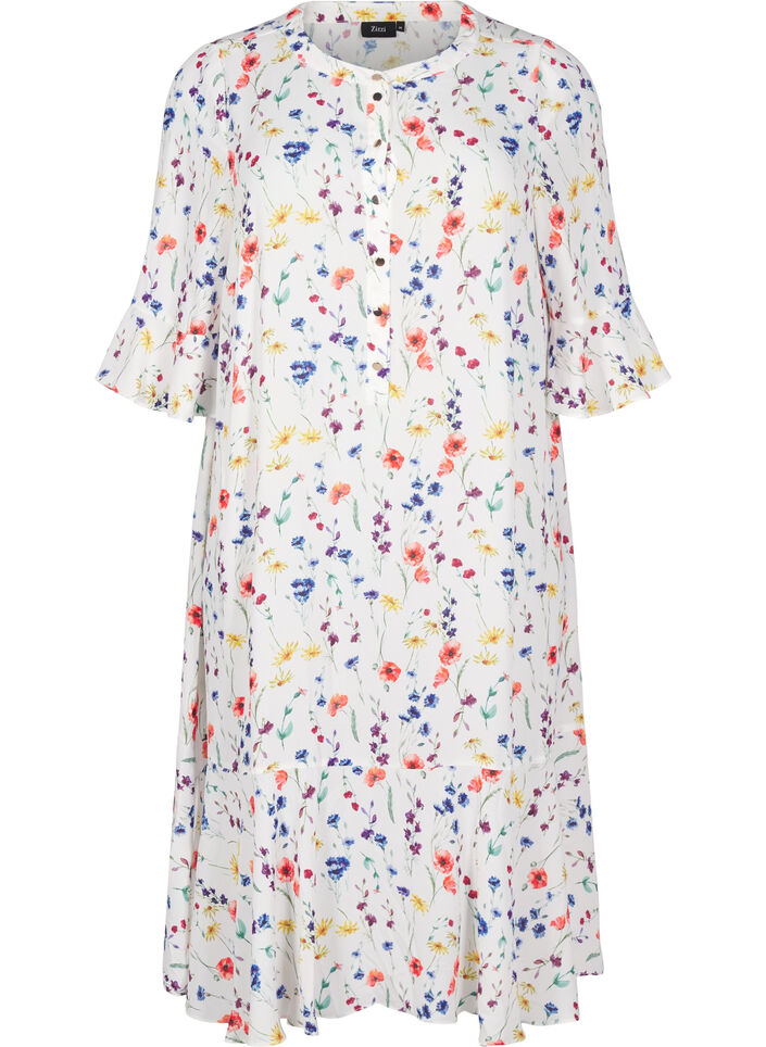 Floral midi dress with 3/4 sleeves, Blue, Packshot image number 0