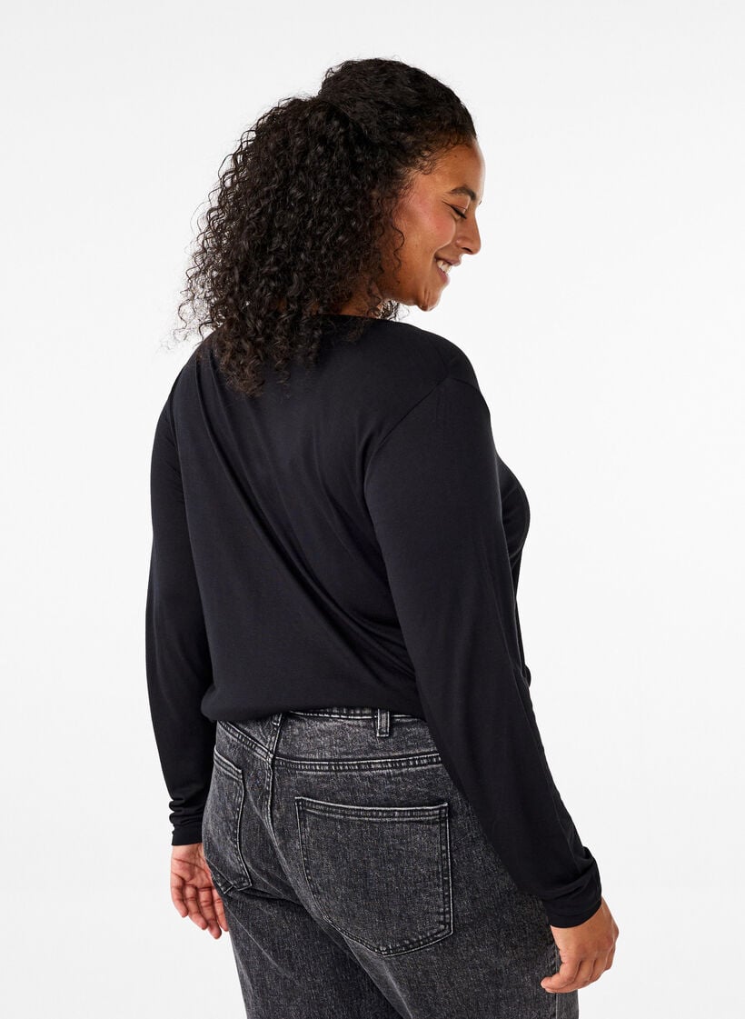 Long-sleeved blouse in wool and viscose, Black, Model image number 2