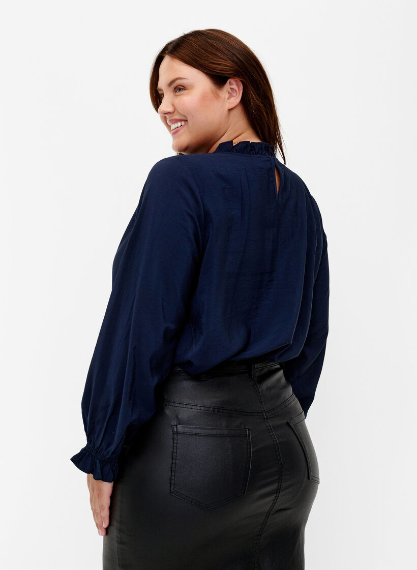 Long-sleeved viscose blouse with ruffles, Total Eclipse, Model image number 1