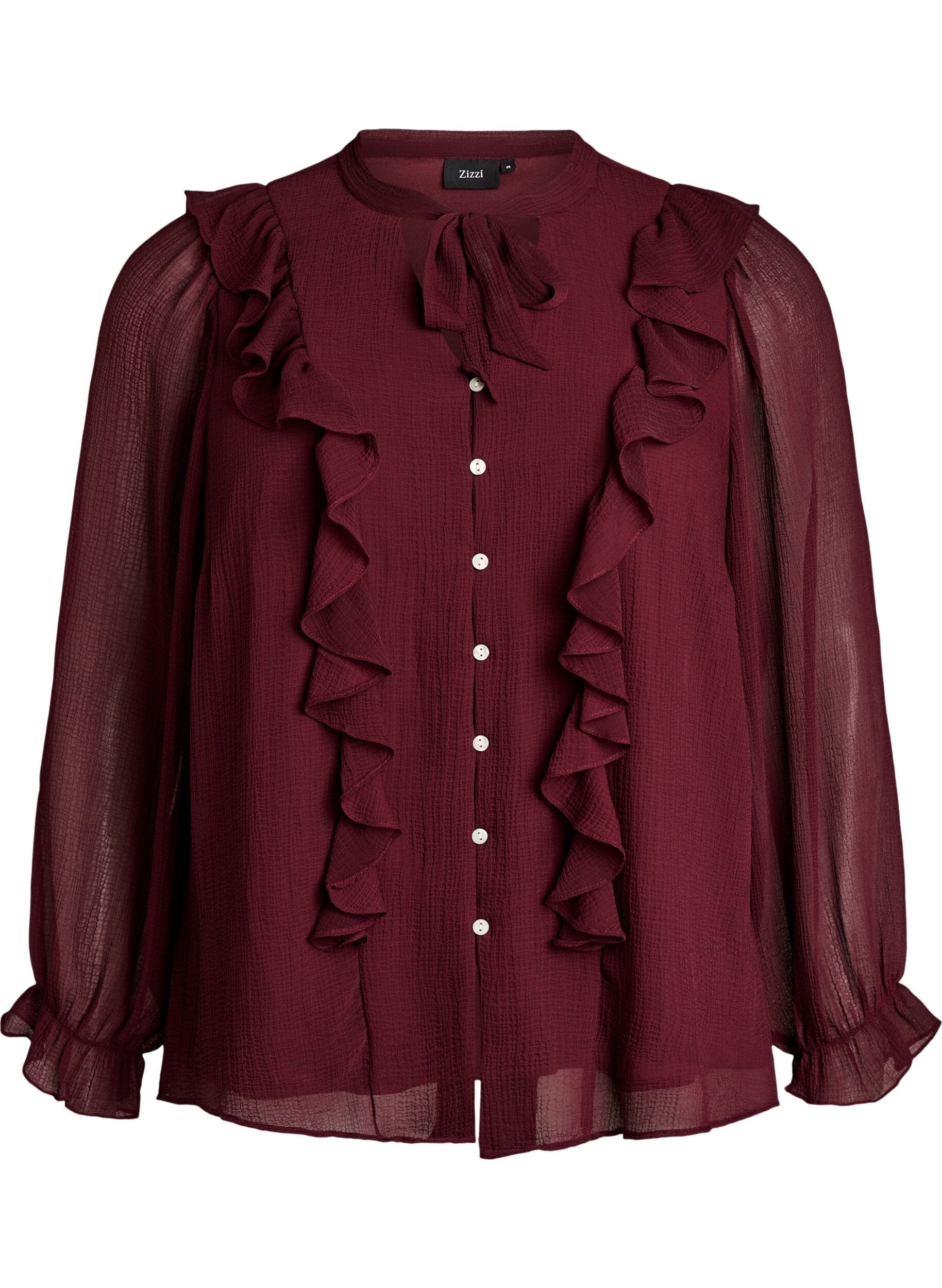 ZizzifashionSheer blouse with ruffles and tie-fastening, Red, Packshot image number 0
