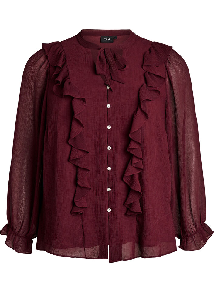 Sheer blouse with ruffles and tie-fastening, Red, Packshot image number 0