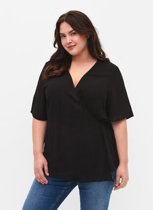 Viscose blouse with wrap, Black, Model image number 0