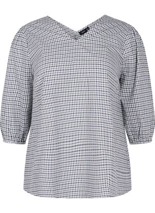 Checkered cotton blouse with 3/4-length sleeves, Black/White Check, Packshot image number 0