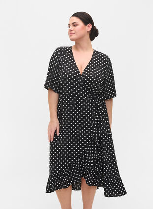 Printed short-sleeved wrap dress, Black Dot, Model image number 0