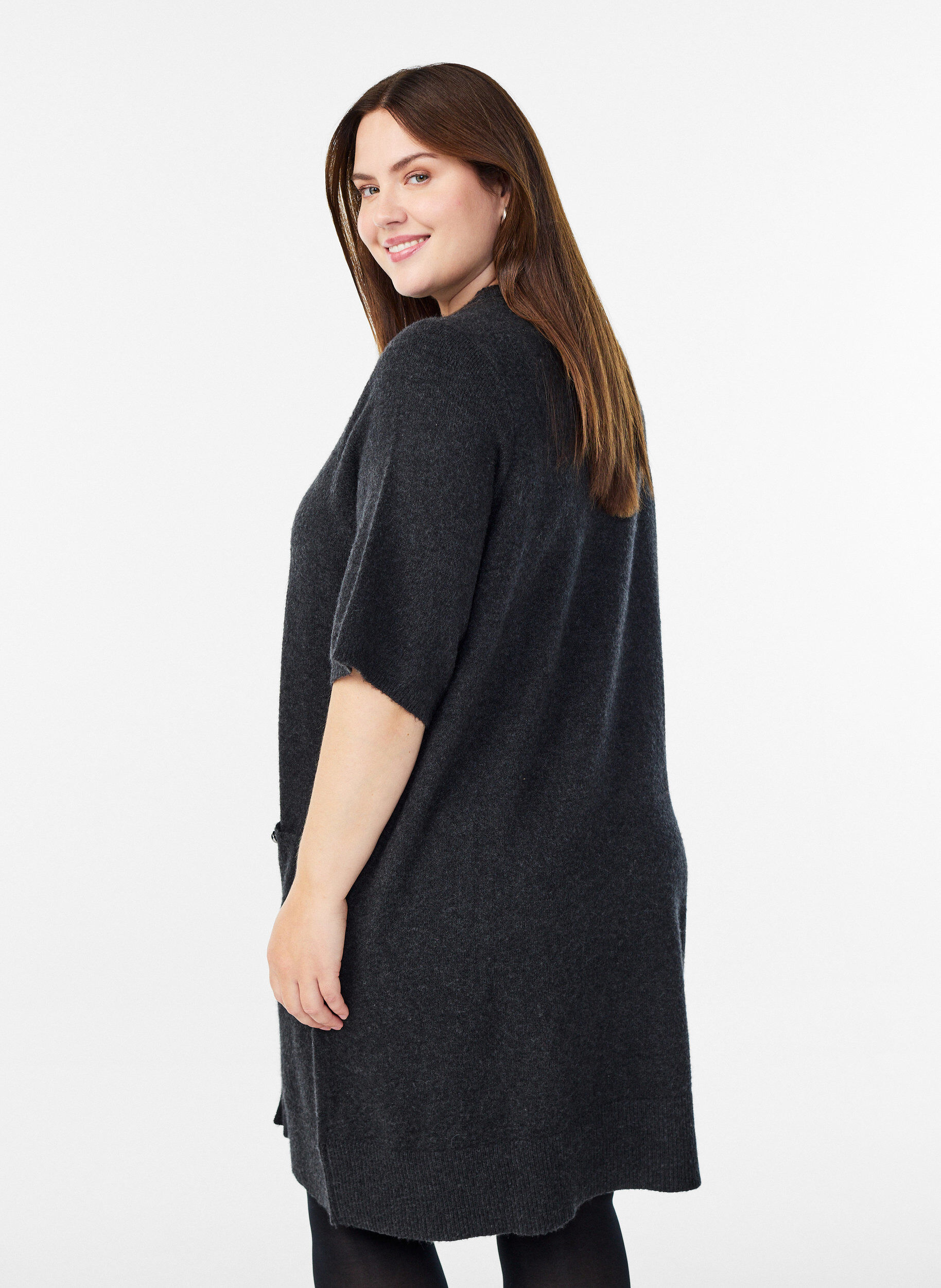 Zizzifashion Short knitted dress with short sleeves and ball buttons, Dark Grey, Model image number 2