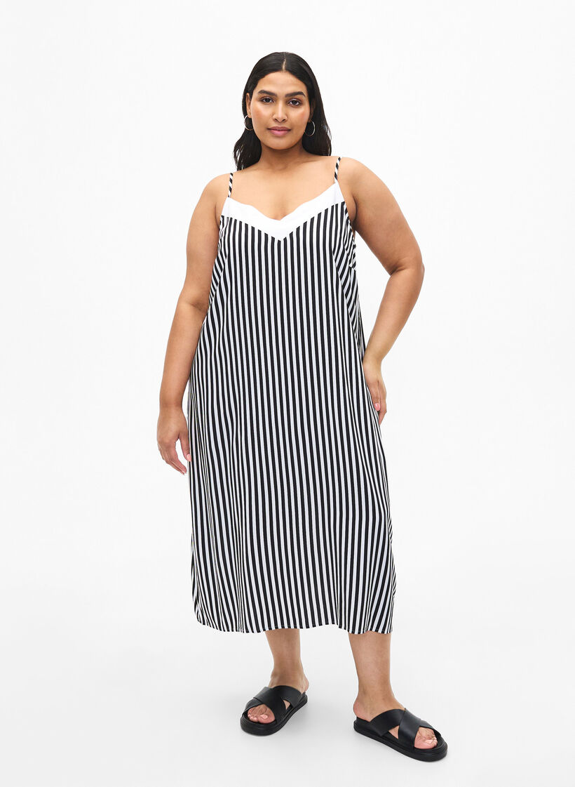 FLASH - Striped strap dress in viscose, Black White Stripe, Model image number 0