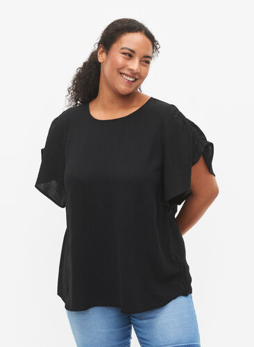 Short-sleeved blouse with wrinkles, Black, Model image number 0