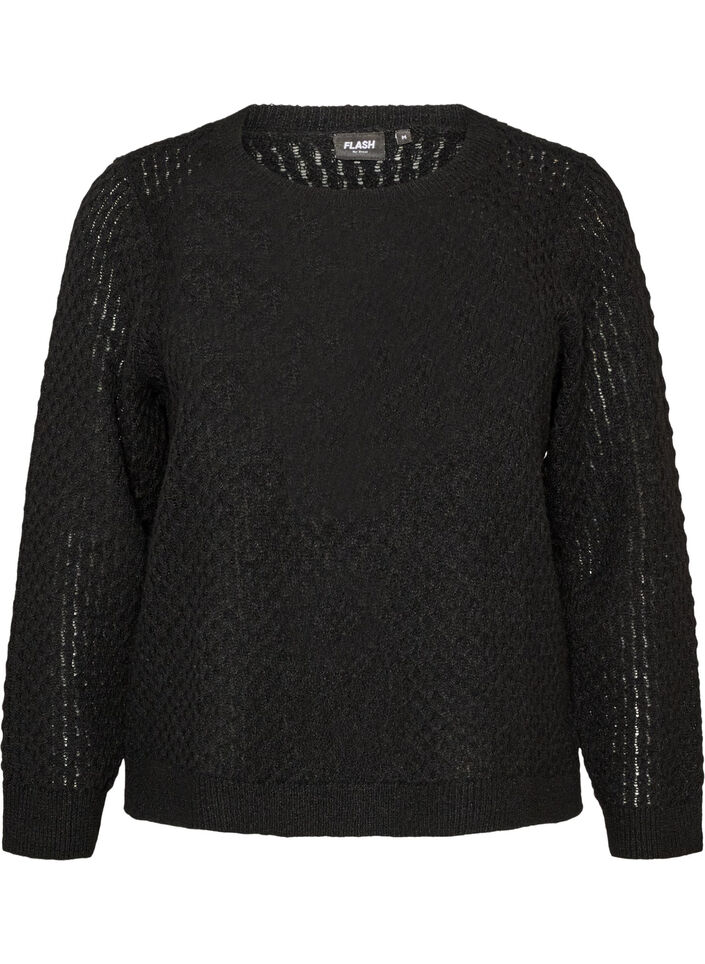 Knitted blouse with a textured openwork pattern, Black, Packshot image number 0
