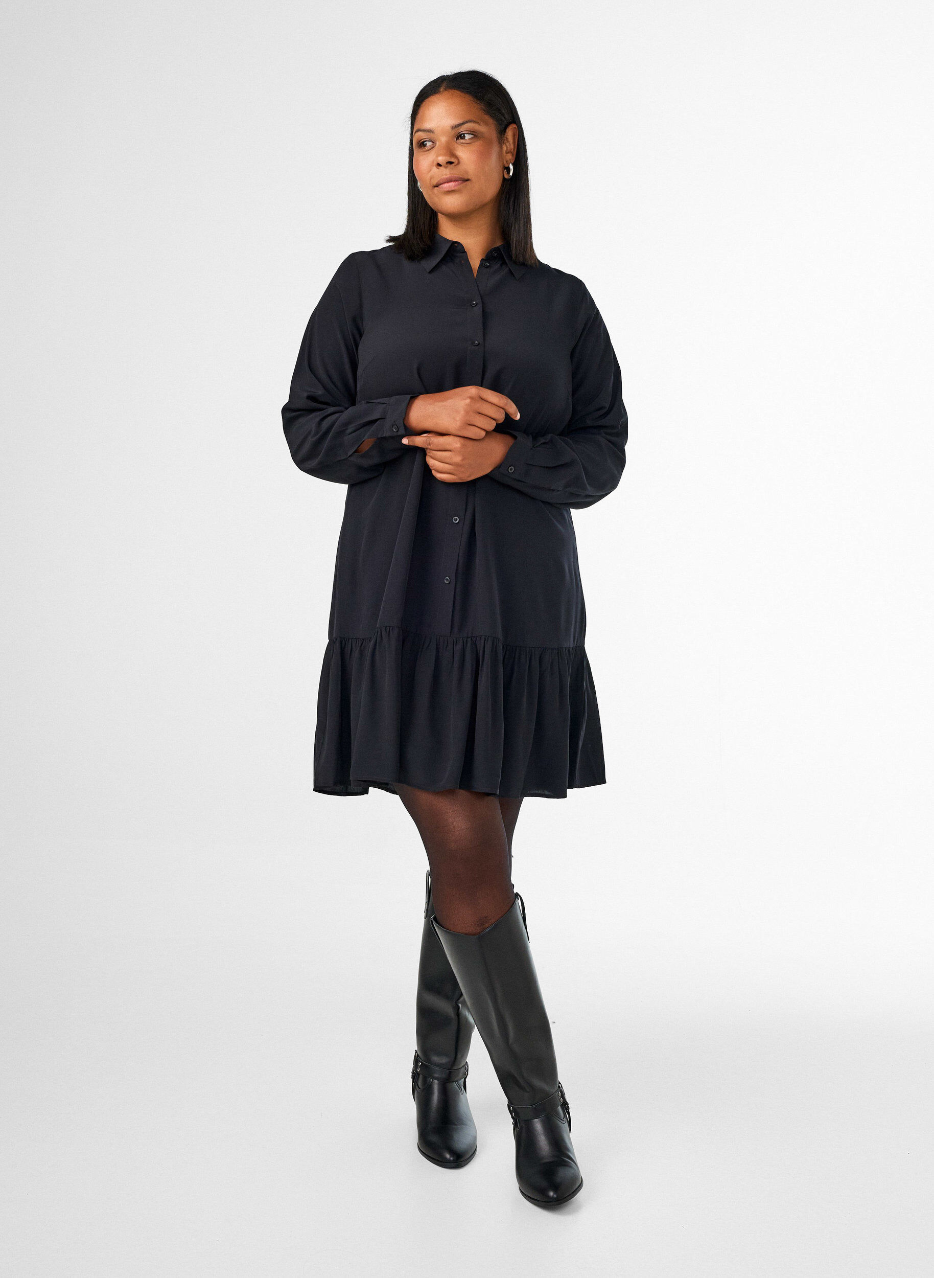 ZizzifashionShort shirt dress with ruffle tier, Black, Model image number 1