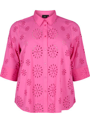 Shirt blouse with embroidery anglaise and 3/4 sleeves, Raspberry Rose, Packshot image number 0