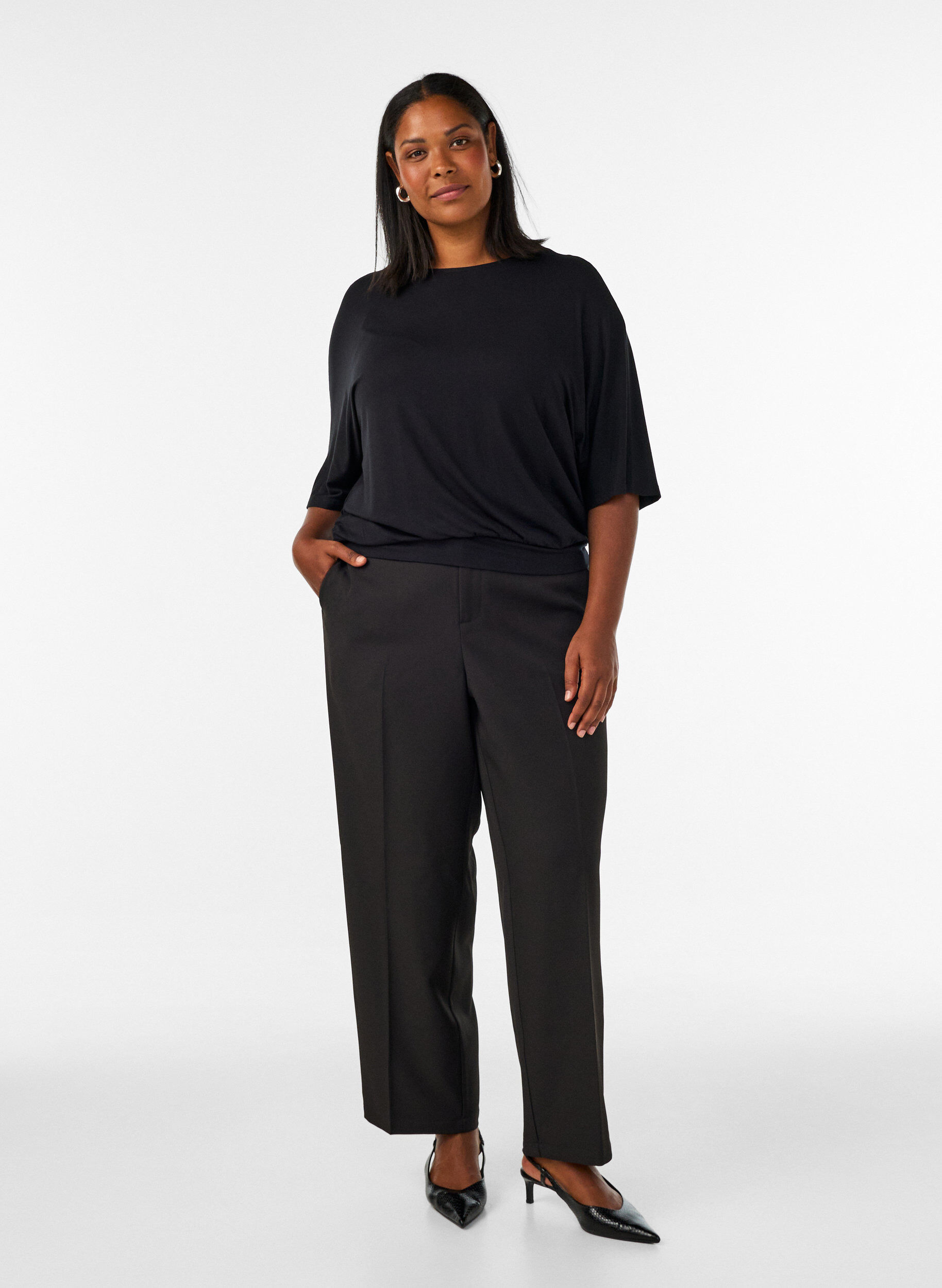 ZizzifashionJersey blouse with elbow-length balloon sleeves, Black, Model image number 1