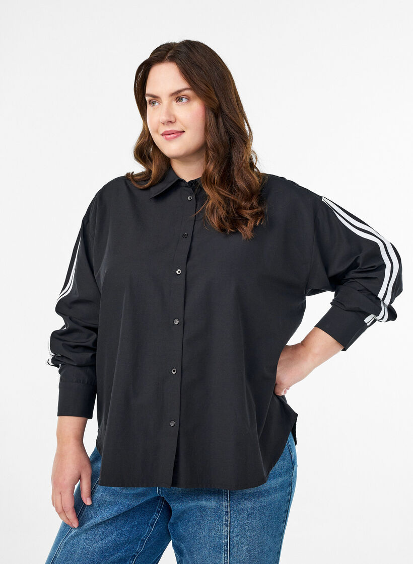 Loose shirt with sporty stripes on the sleeves, Black, Model image number 0