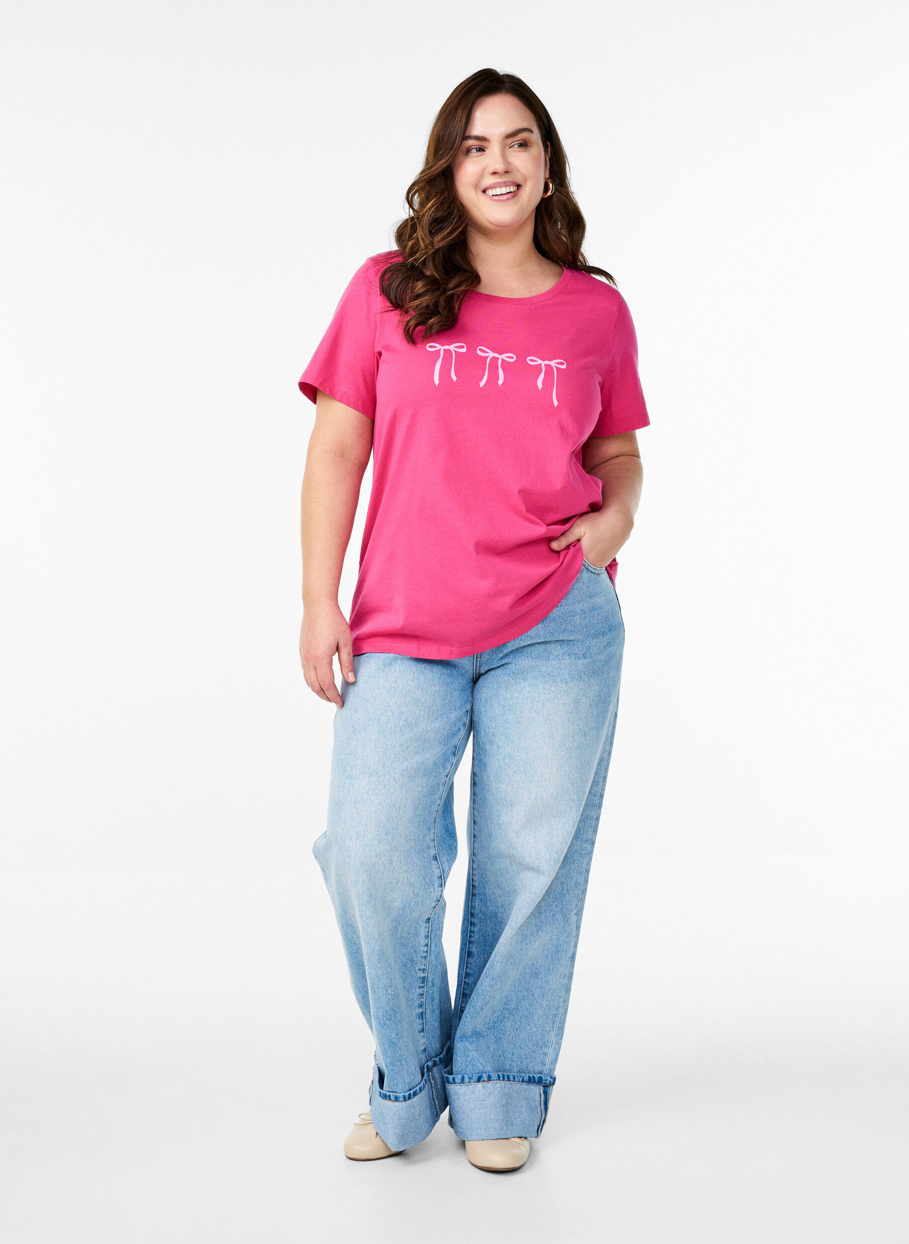 Zizzifashion Cotton T-shirt with motif, Raspberry w. Bows, Model image number 2