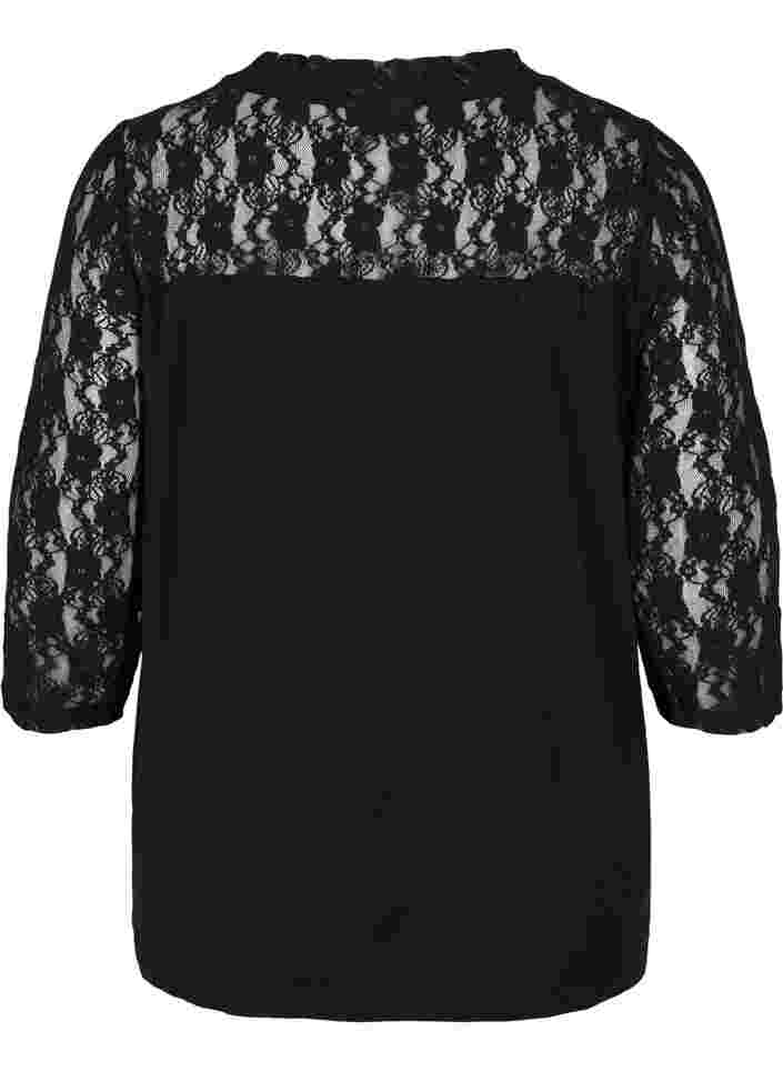 Viscose blouse with lace and 3/4 sleeves, Black, Packshot image number 1