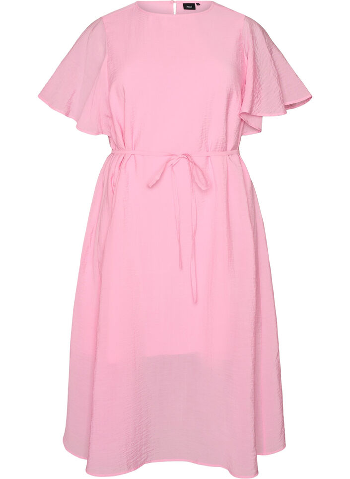 Ankle-length dress with flutter sleeves and tie-waist, Pink, Packshot image number 0