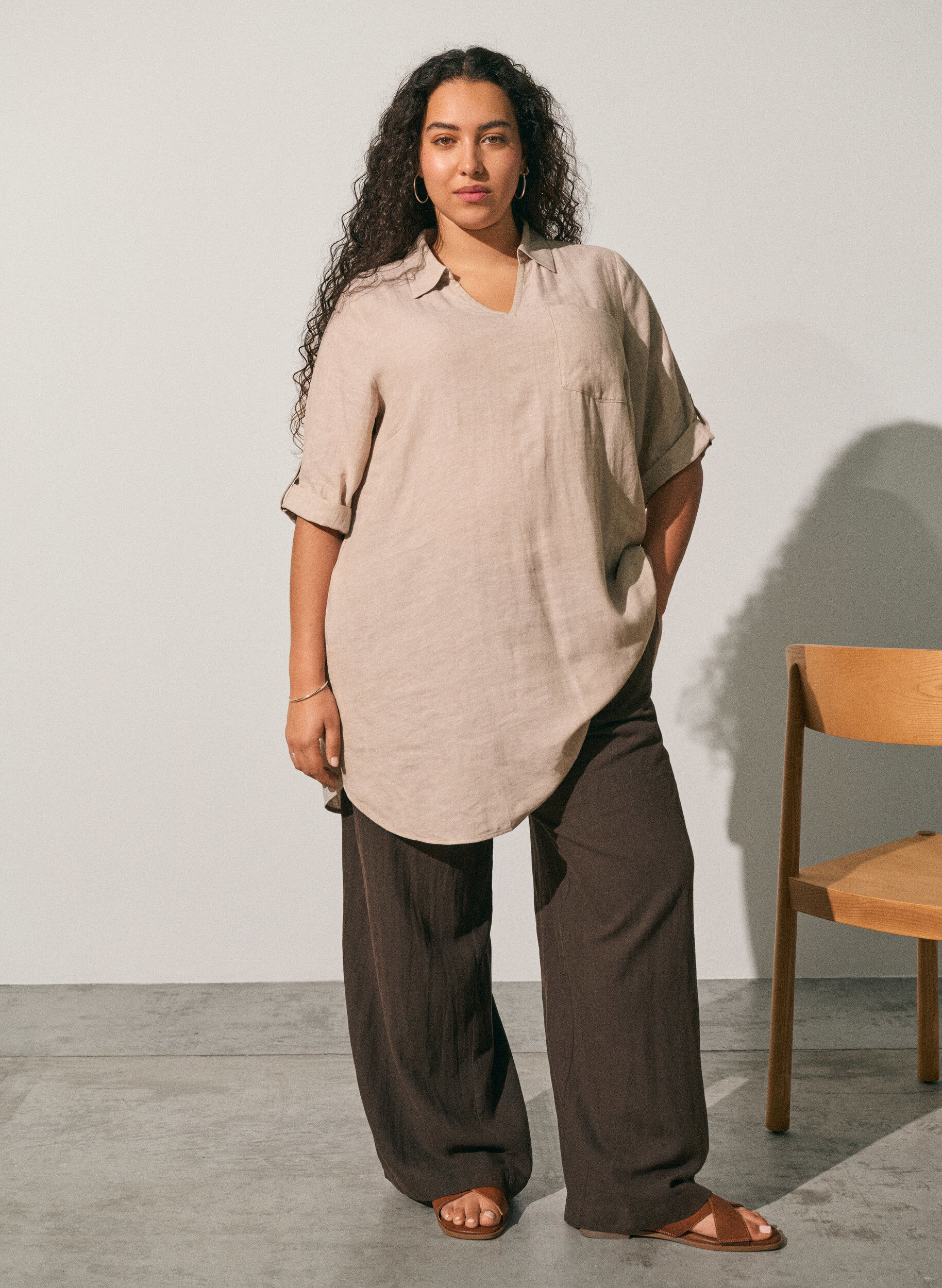 ZizzifashionLinen and viscose tunic with A-shape, Beige, Image image number 0