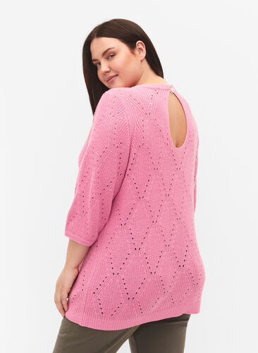 	 Knitted jumper with 3/4 sleeves and lace pattern, Begonia Pink, Model image number 1