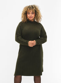 Ribbed Knit Dress with Turtleneck, Forest Night Mel., Model