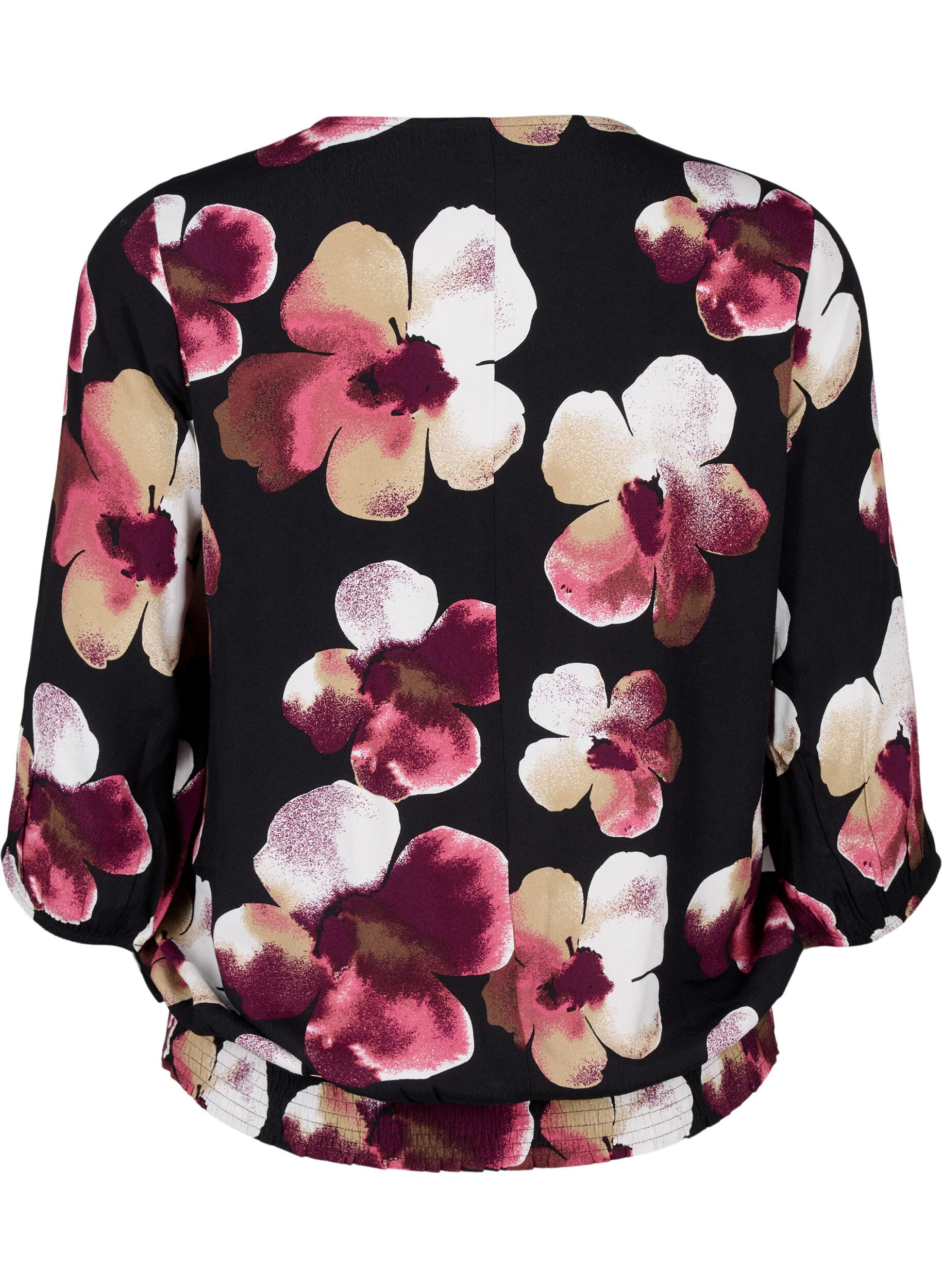 Zizzifashion Viscose blouse with print and smock, Black, Packshot image number 1