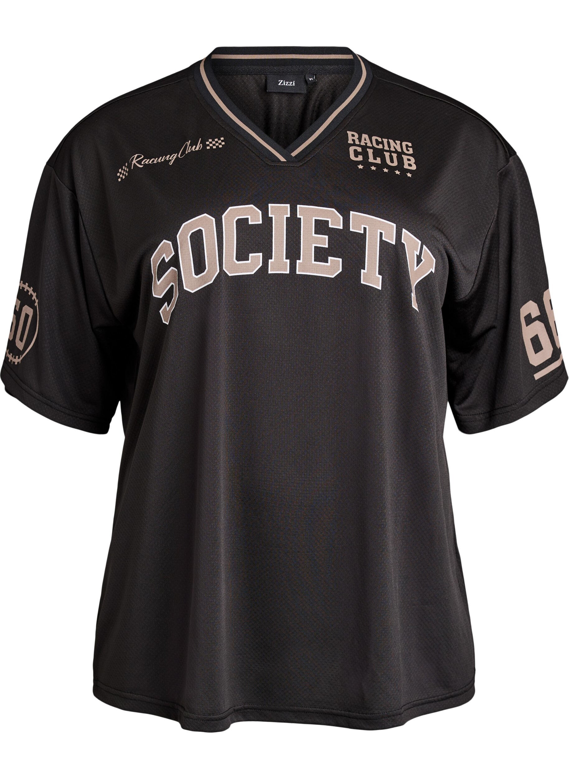 Sporty T-shirt with V-neck and racing print