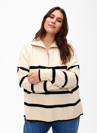 Pullover with stripes and high collar	, Birch w. Black, Model image number 0