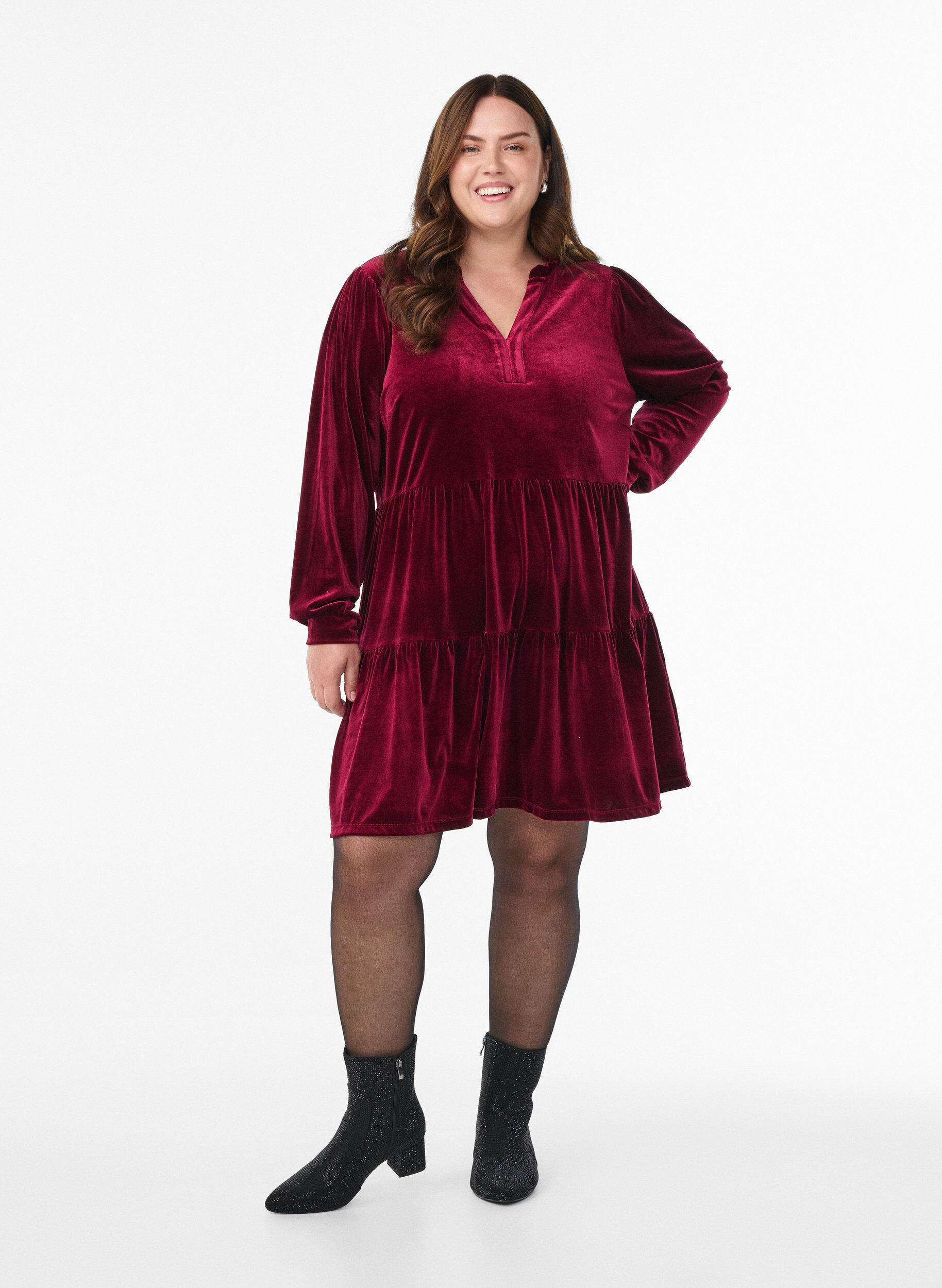 Zizzifashion Short velour dress with a ruffle collar and long sleeves, Red, Model image number 1
