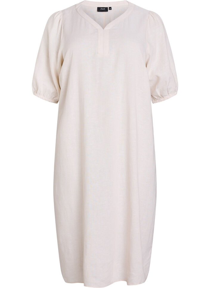Midi dress in linen and viscose with short sleeves, Beige, Packshot image number 0