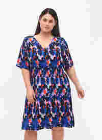 Printed viscose dress with smock, Colorful Animal, Model