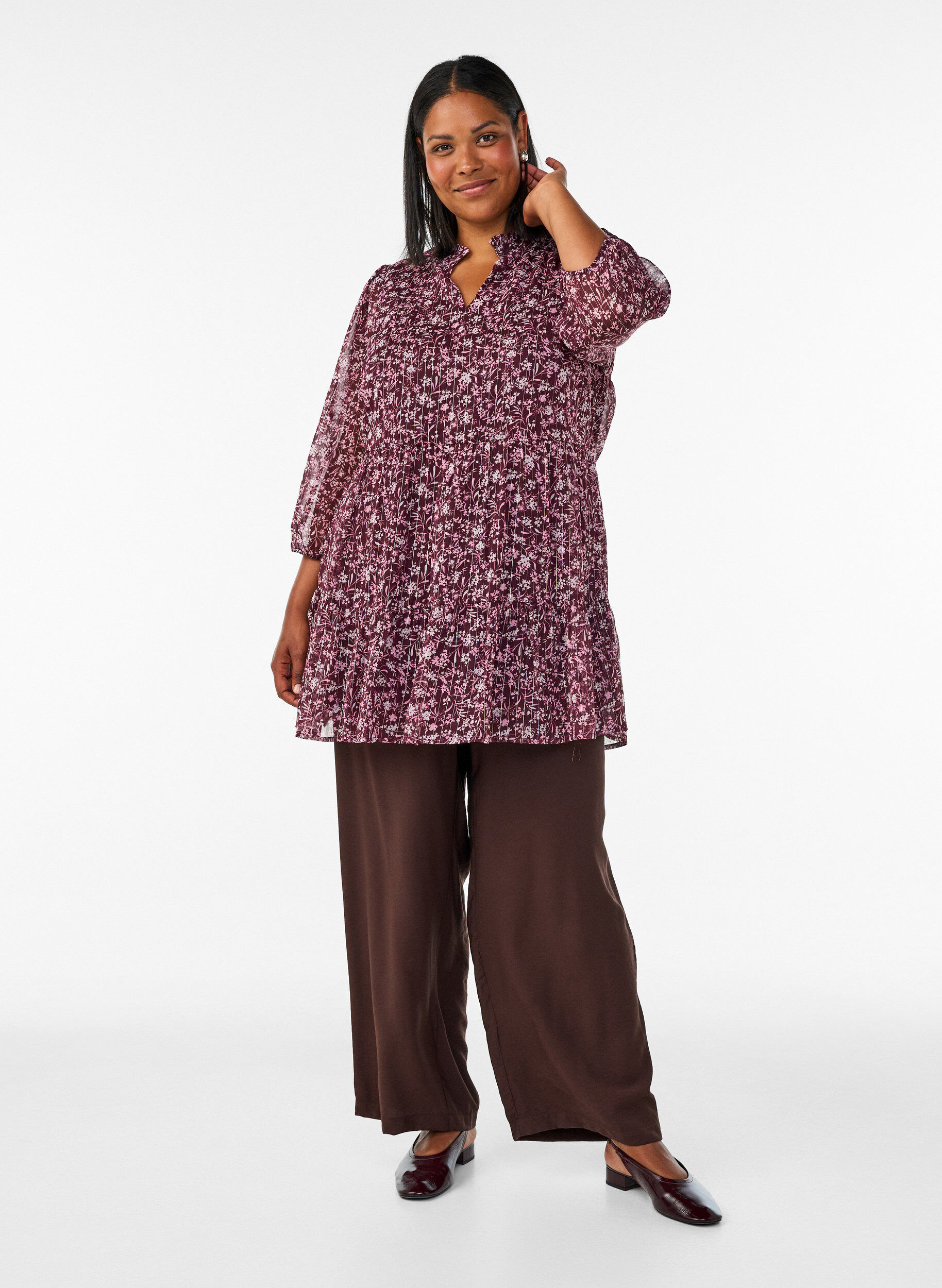 ZizzifashionTunic with floral print and glitter threads, Red, Model image number 1