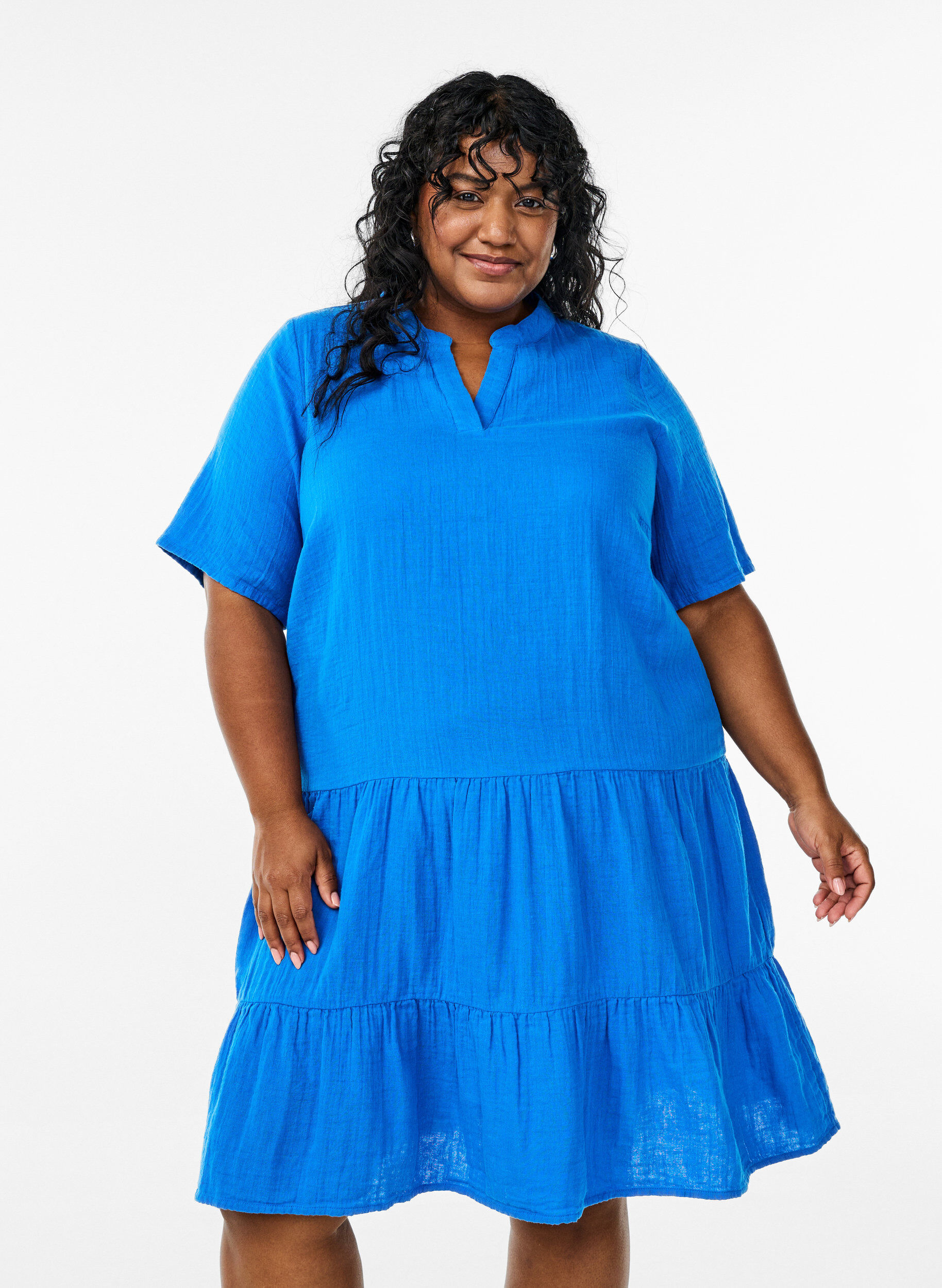 Short A-line dress in cotton muslin, Blue, Model