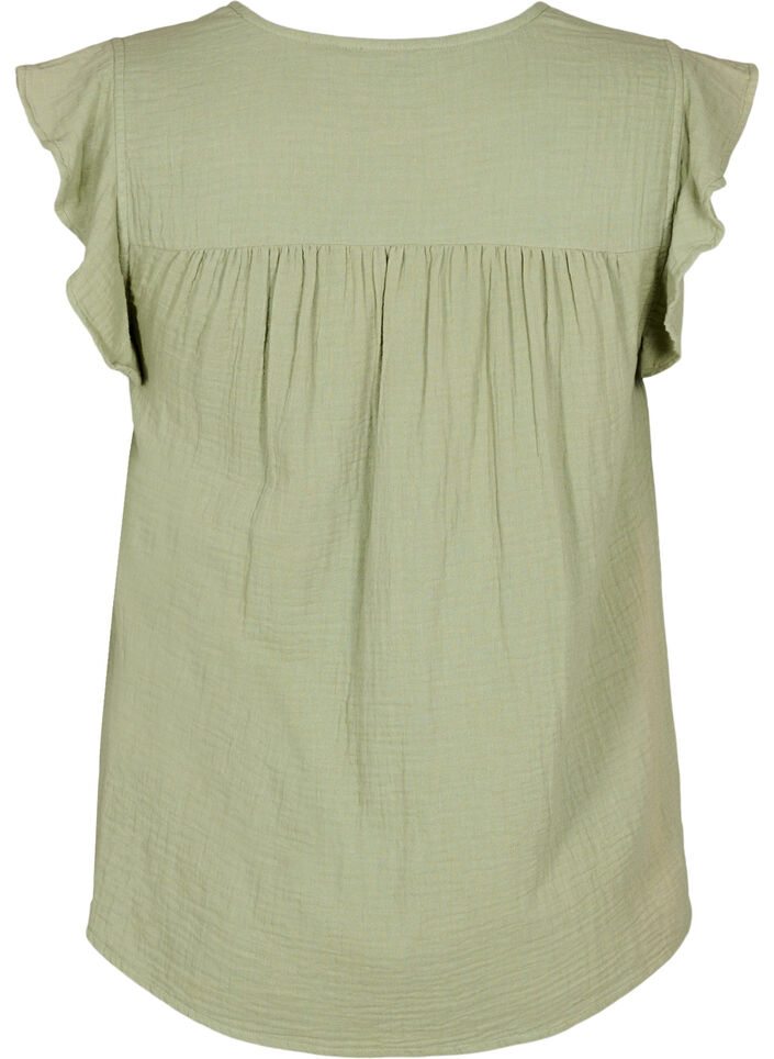 Sleeveless top in cotton muslin with ruffles, Green, Packshot image number 1