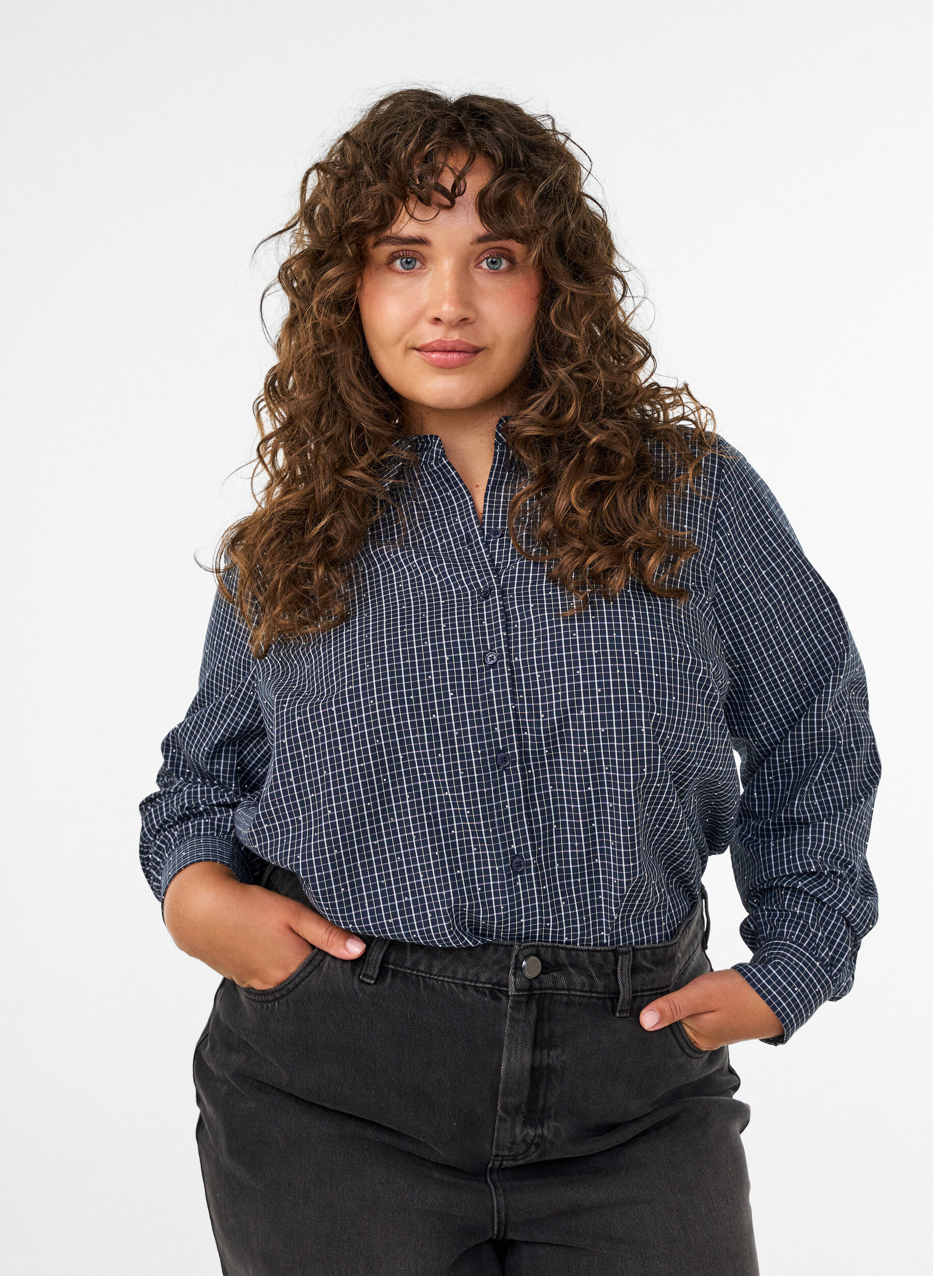 Checked shirt with rhinestones, Blue, Model