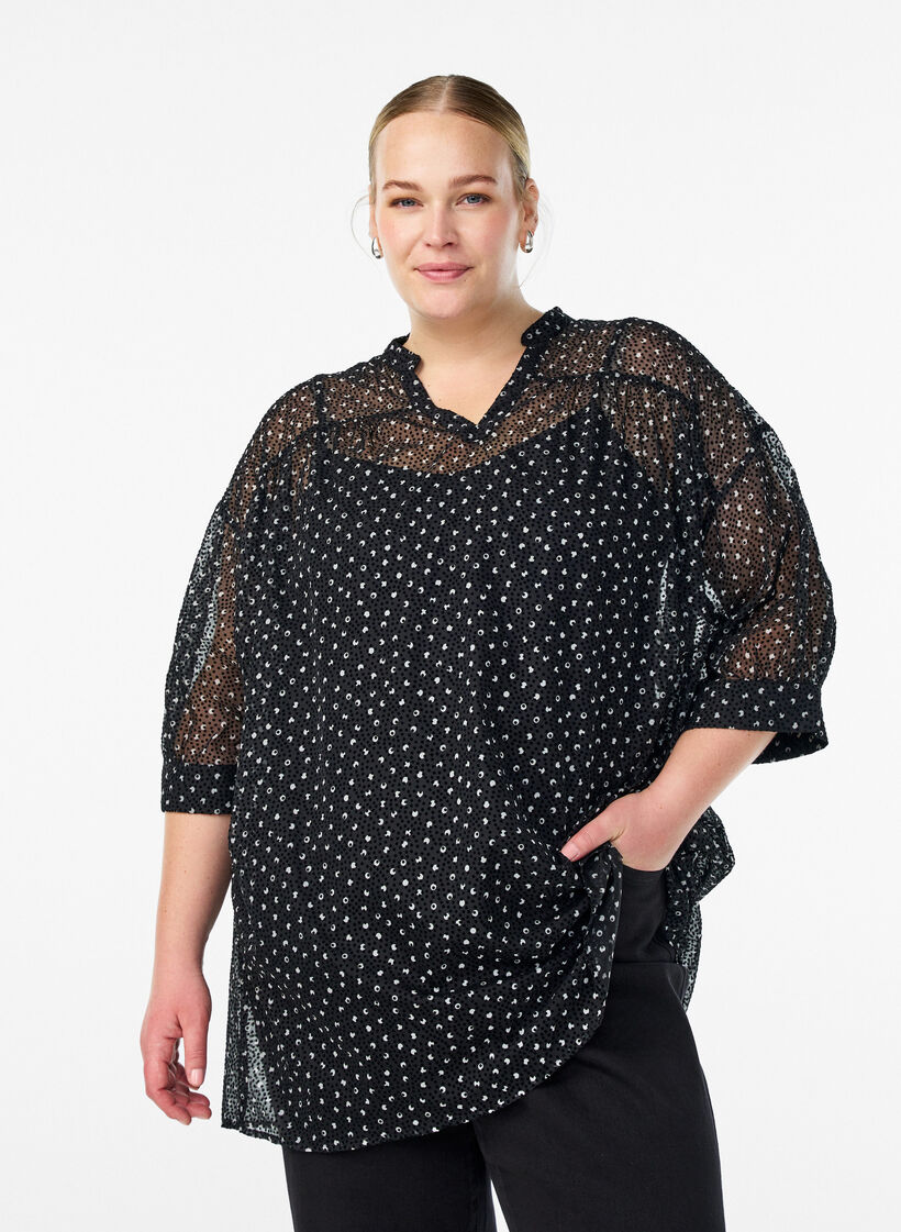 Chiffon tunic with velvet dot pattern, Black, Model image number 0