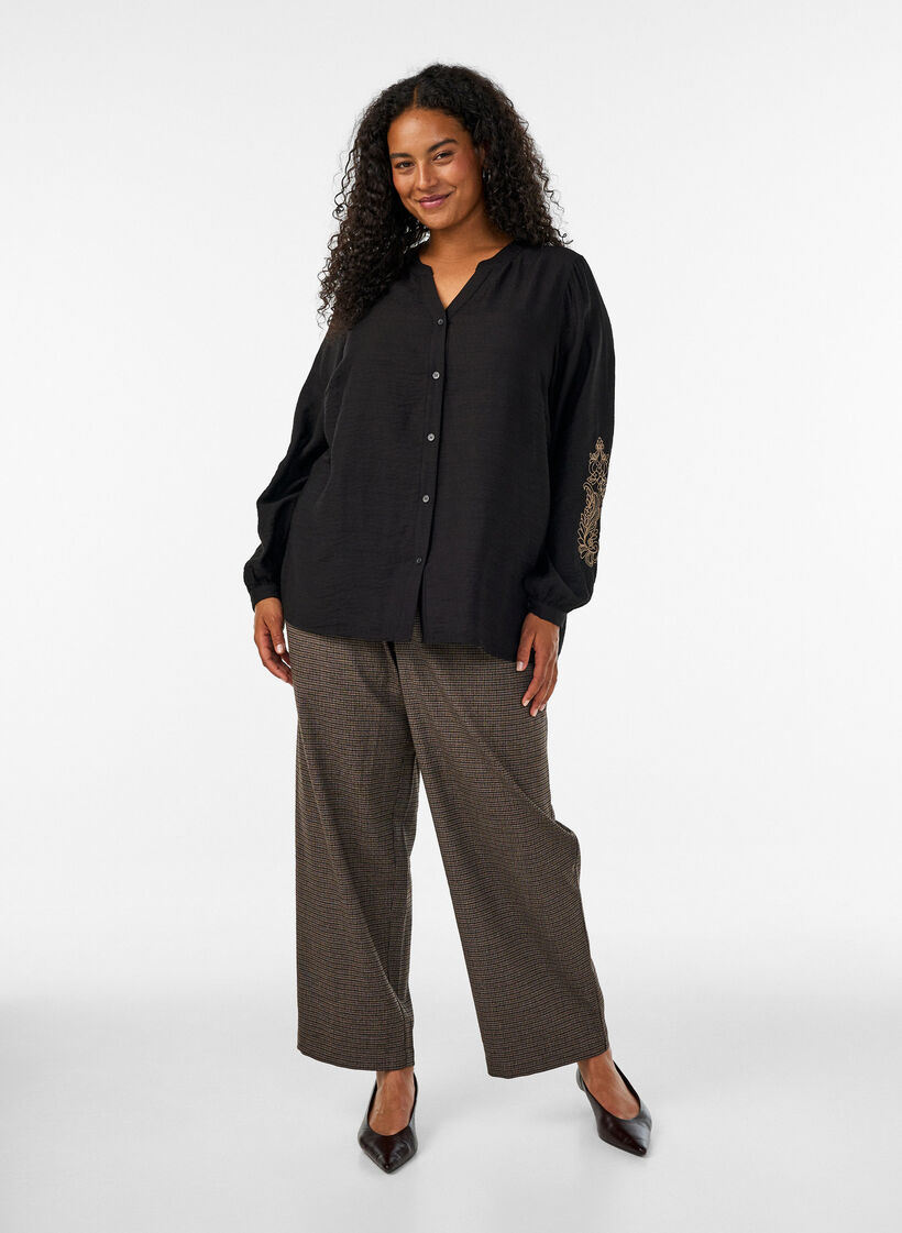 Viscose shirt with embroidered sleeves, Black, Model image number 1