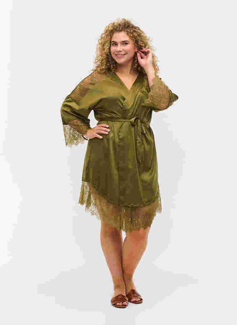 Dressing gown with lace details and tie belt, Military Olive ASS, Model image number 2