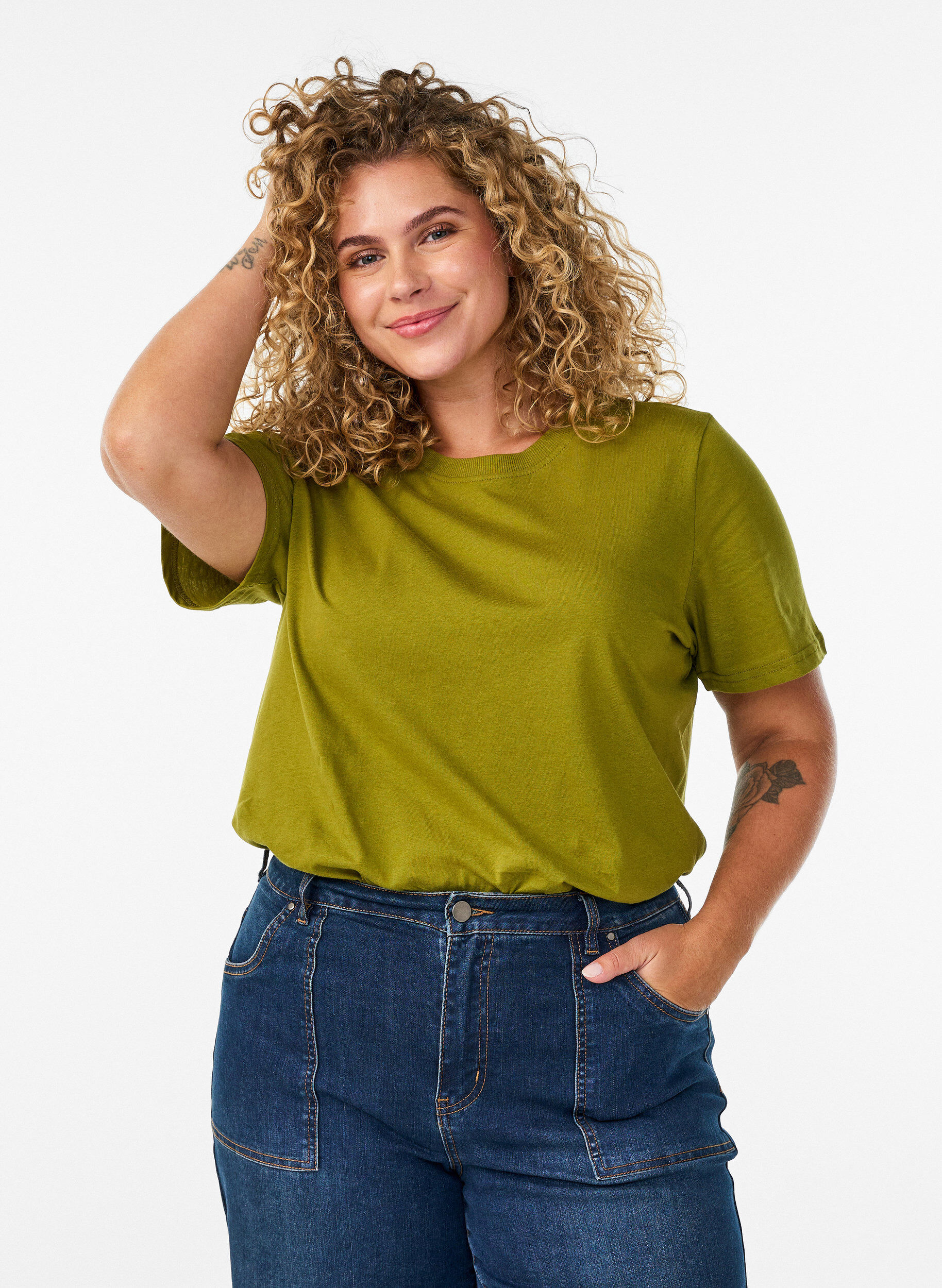 ZizzifashionBasic cotton T-shirt with round neck, Green, Model image number 0