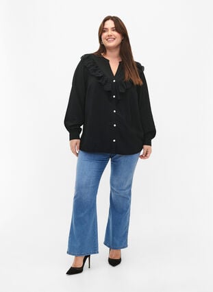 Viscose shirt blouse with ruffles, Black, Model image number 2