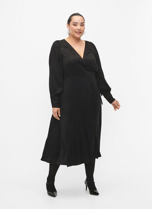 Long-sleeved viscose dress with tone-on-tone print, Black, Model image number 3