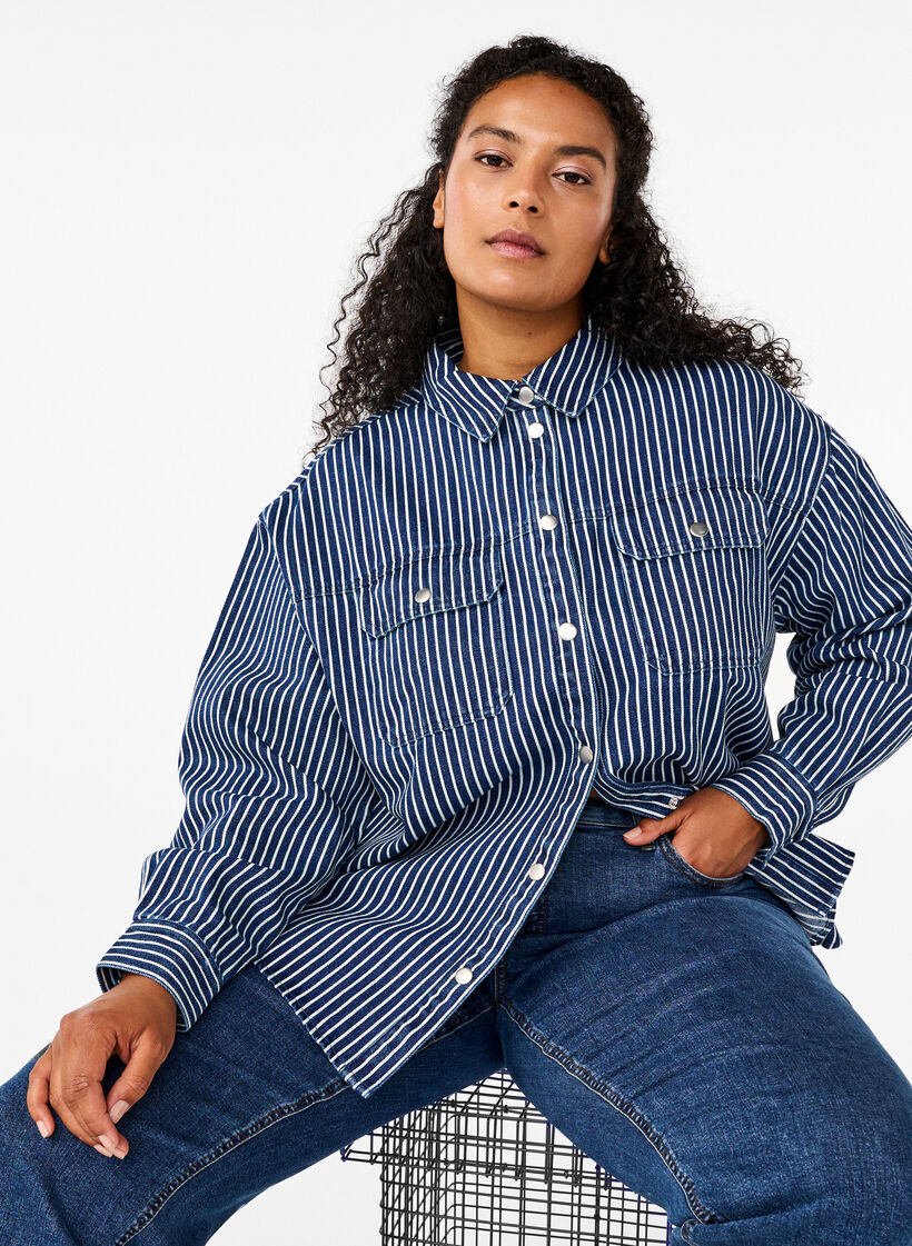Striped denim shirt with chest pockets, Blue Denim Stripe, Model image number 2