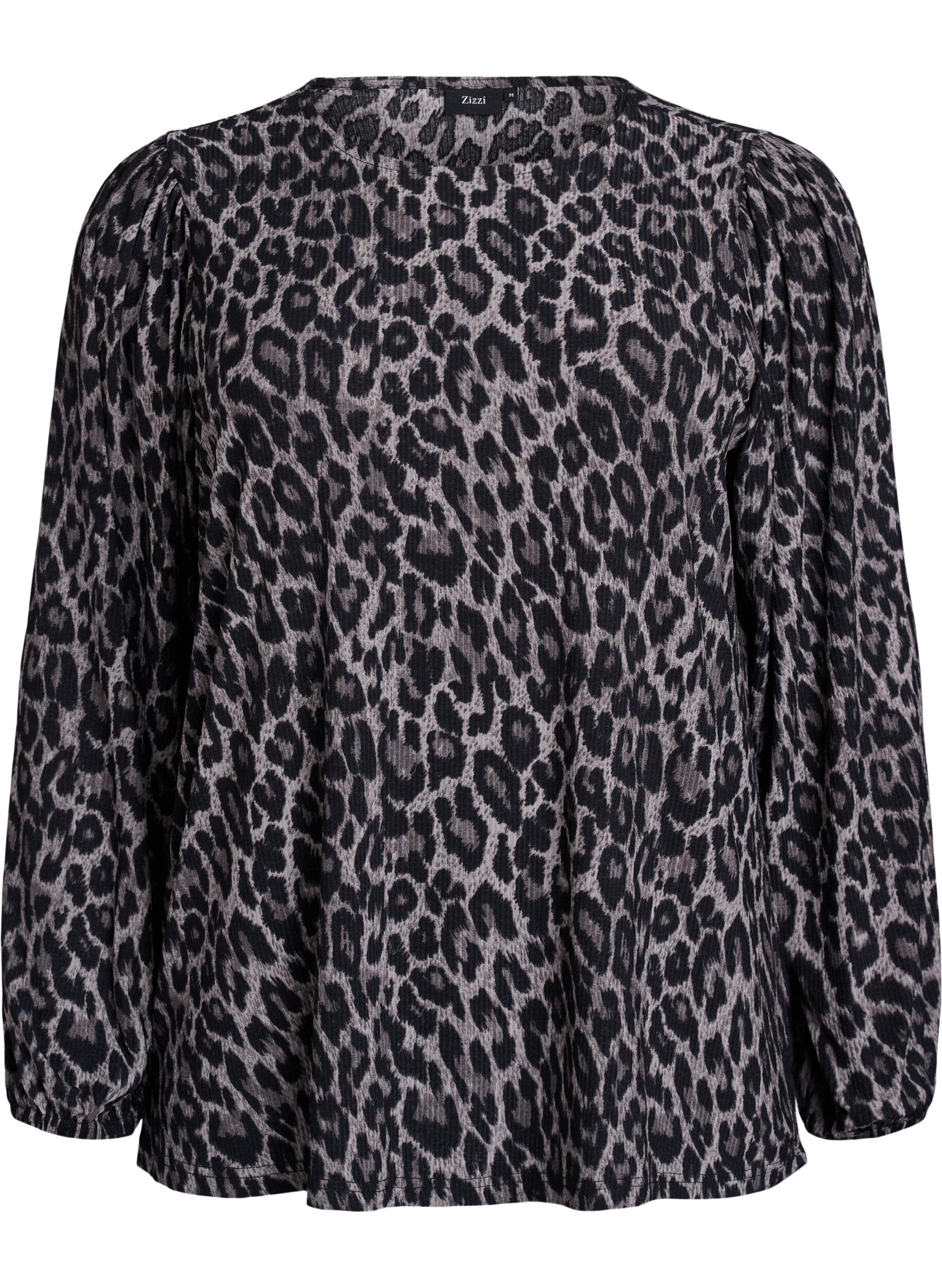 Zizzifashion Blouse with long sleeves and leopard print, Dark Grey, Packshot image number 0