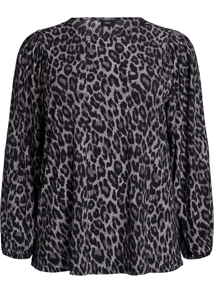 Blouse with long sleeves and leopard print, Dark Grey, Packshot image number 0