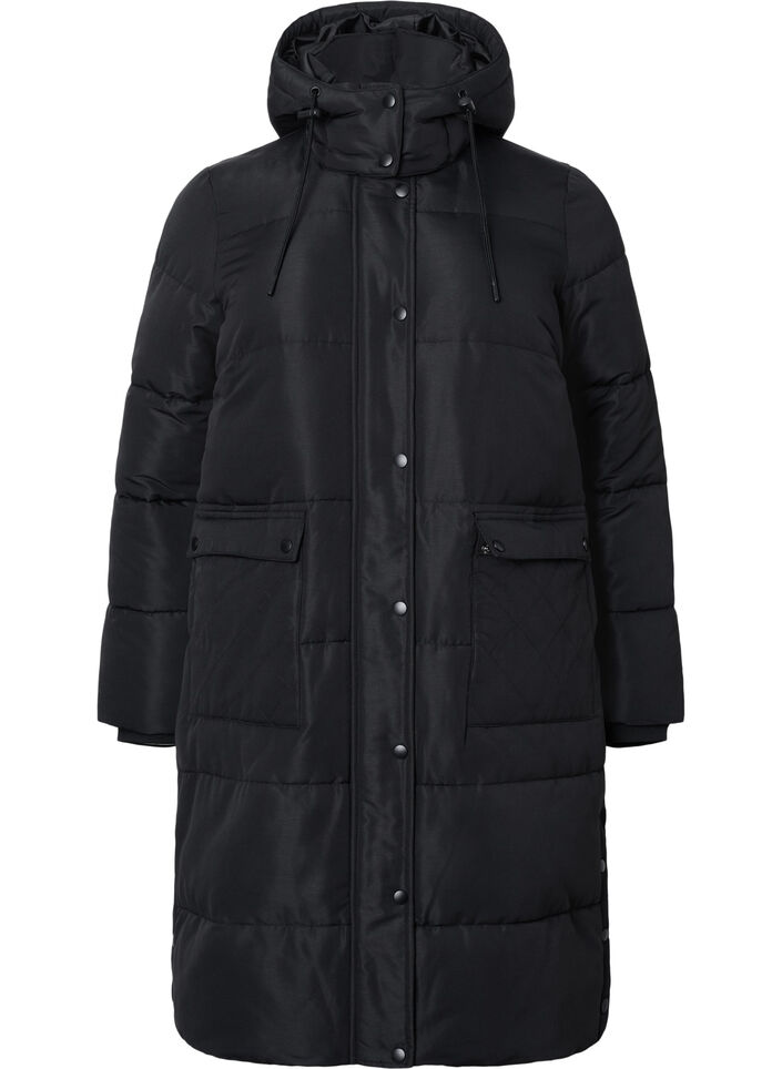 Long puffer jacket with pockets and hood, Black, Packshot image number 0