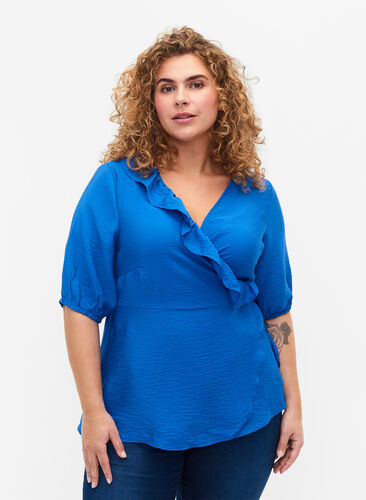 Wrap blouse in viscose with 1/2 sleeves, Olympian Blue, Model image number 0