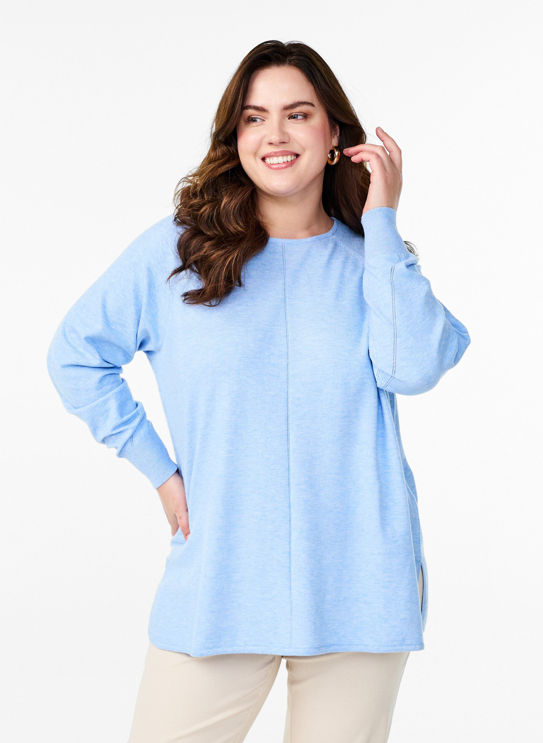 Zizzifashion Knitted blouse with round neck and knitted pattern, Light Blue, Model image number 0