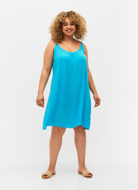 Solid colour strap dress in viscose, Blue Atoll, Model