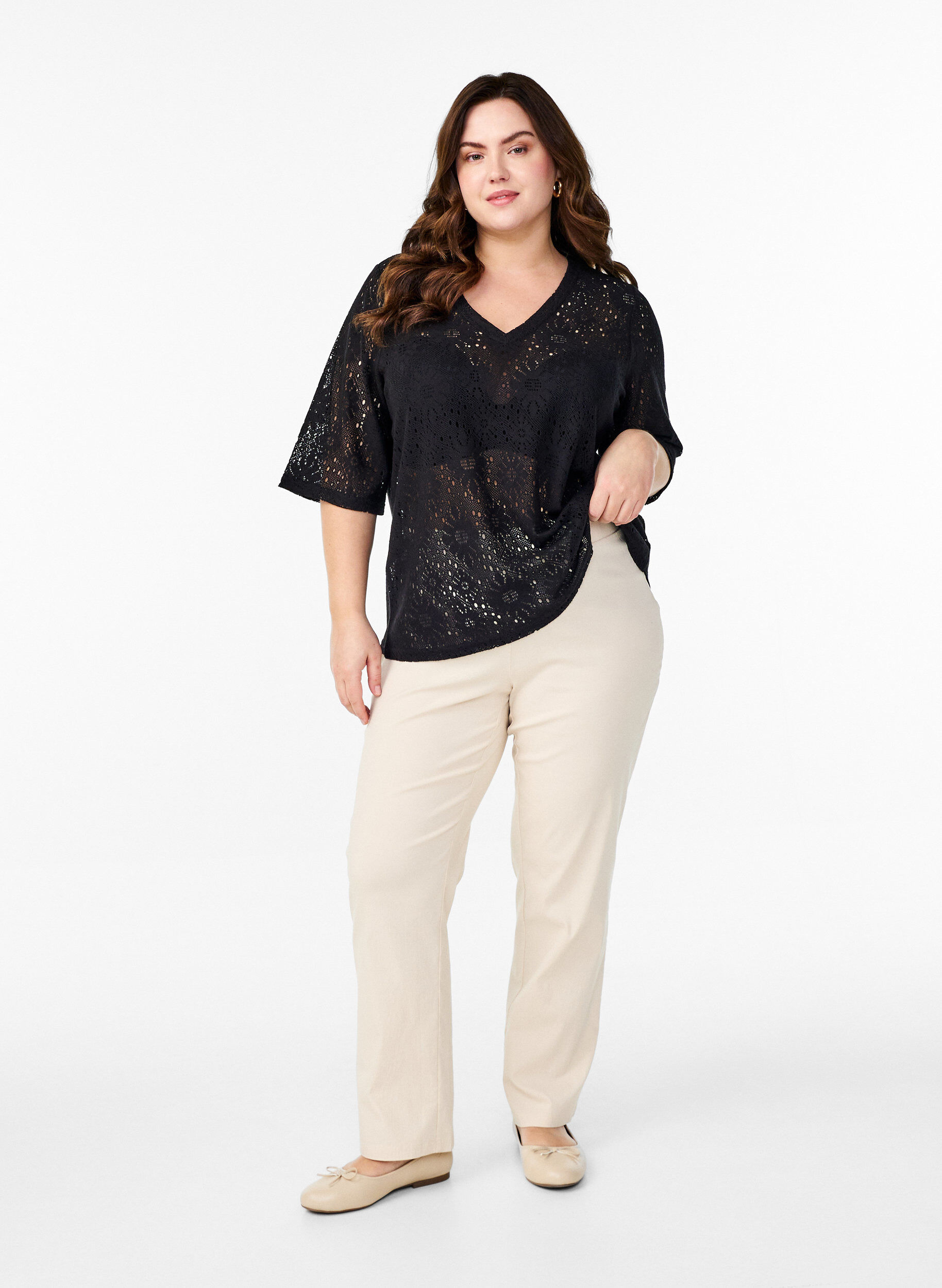 Zizzifashion Blouse with an openwork pattern and short sleeves, Black, Model image number 1